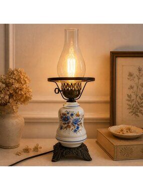 Hurricane Lamp Milk Glass Floral Brass Electric VTG Table Cottagecore Lighting